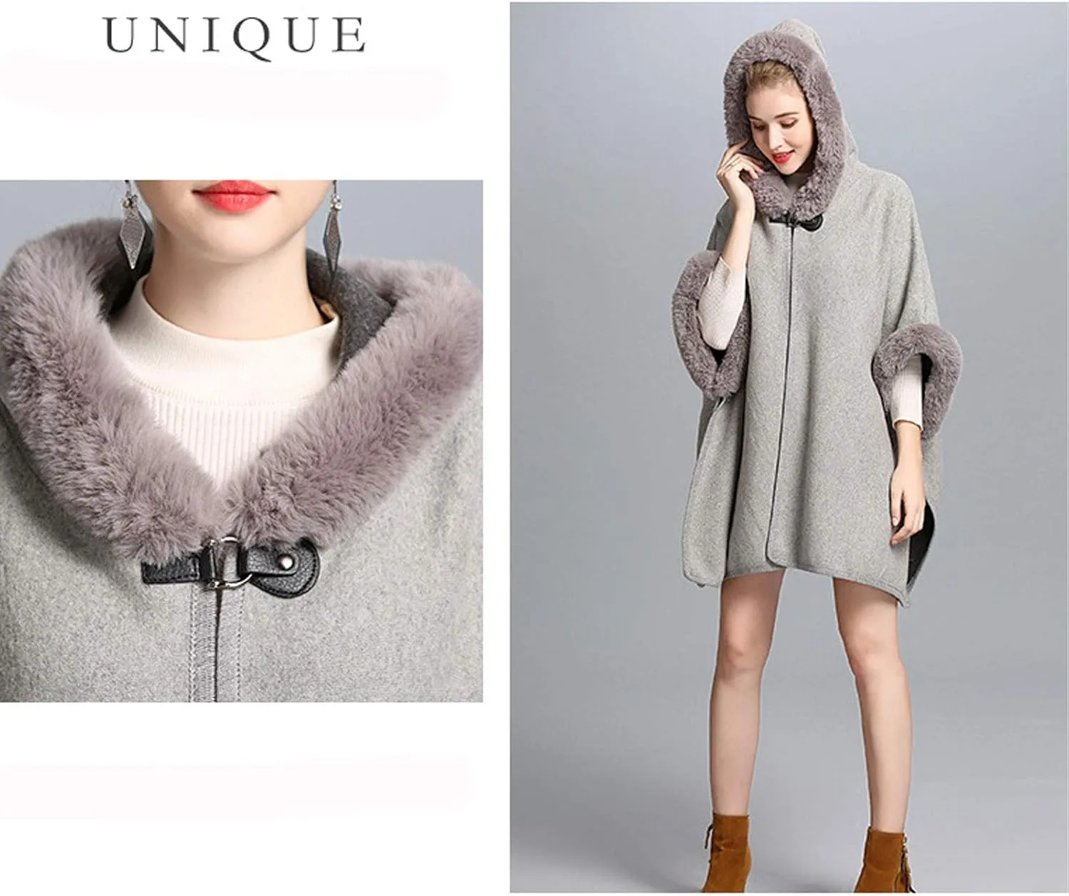 Flygo Women's Luxury Batwing Sleeve Faux Fur Hooded Cloak Poncho Sweater Cape Outwear