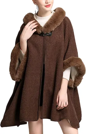 Flygo Women's Luxury Batwing Sleeve Faux Fur Hooded Cloak Poncho Sweater Cape Outwear