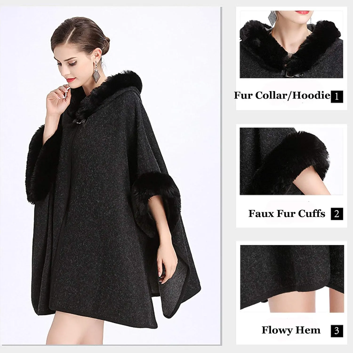 Flygo Women's Luxury Batwing Sleeve Faux Fur Hooded Cloak Poncho Sweater Cape Outwear