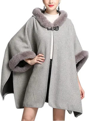 Flygo Women's Luxury Batwing Sleeve Faux Fur Hooded Cloak Poncho Sweater Cape Outwear