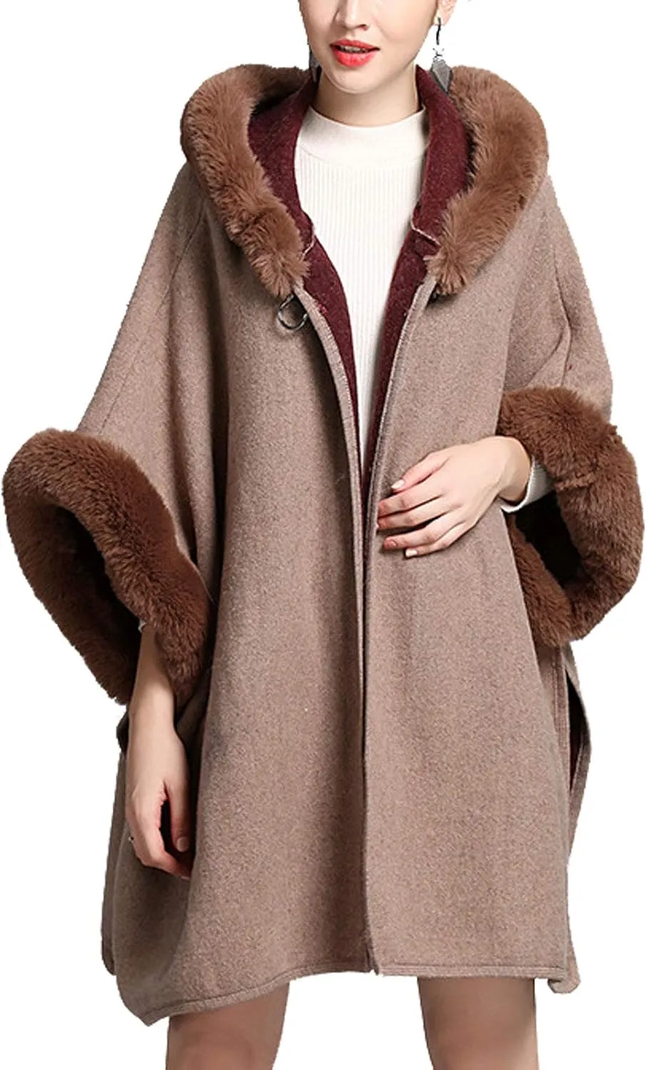 Flygo Women's Luxury Batwing Sleeve Faux Fur Hooded Cloak Poncho Sweater Cape Outwear