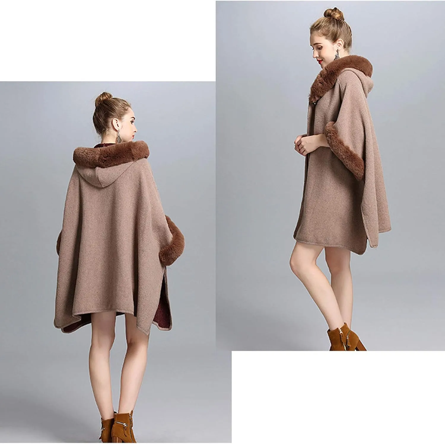 Flygo Women's Luxury Batwing Sleeve Faux Fur Hooded Cloak Poncho Sweater Cape Outwear