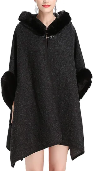 Flygo Women's Luxury Batwing Sleeve Faux Fur Hooded Cloak Poncho Sweater Cape Outwear