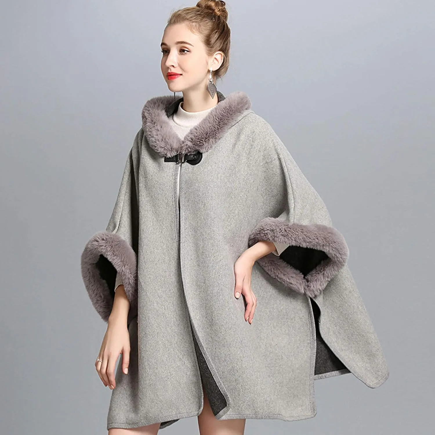 Flygo Women's Luxury Batwing Sleeve Faux Fur Hooded Cloak Poncho Sweater Cape Outwear