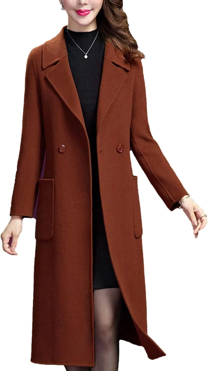 Flygo Women's Notched Lapel Slim Double Breasted Blended Long Trench Jacket Walking Coat