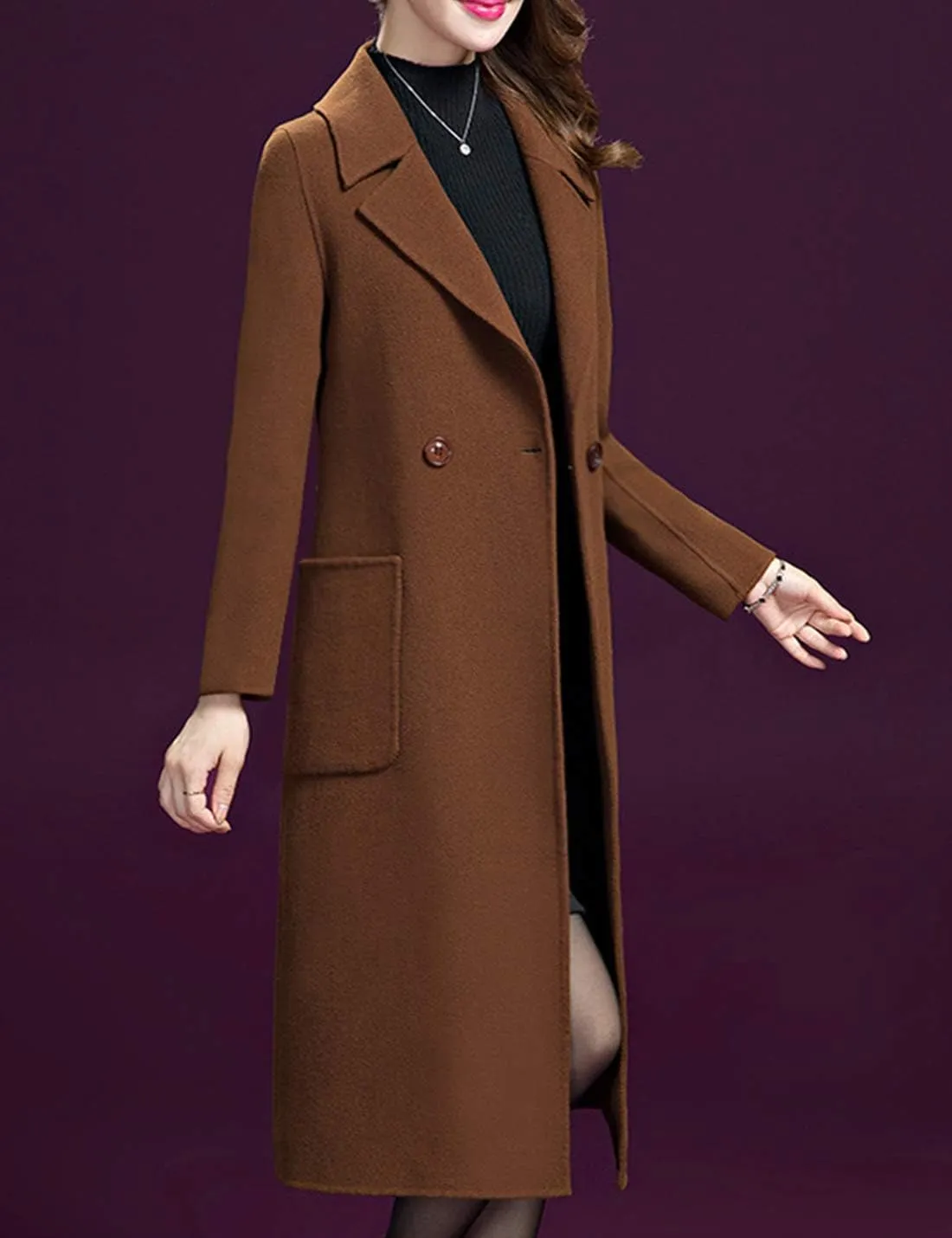 Flygo Women's Notched Lapel Slim Double Breasted Blended Long Trench Jacket Walking Coat