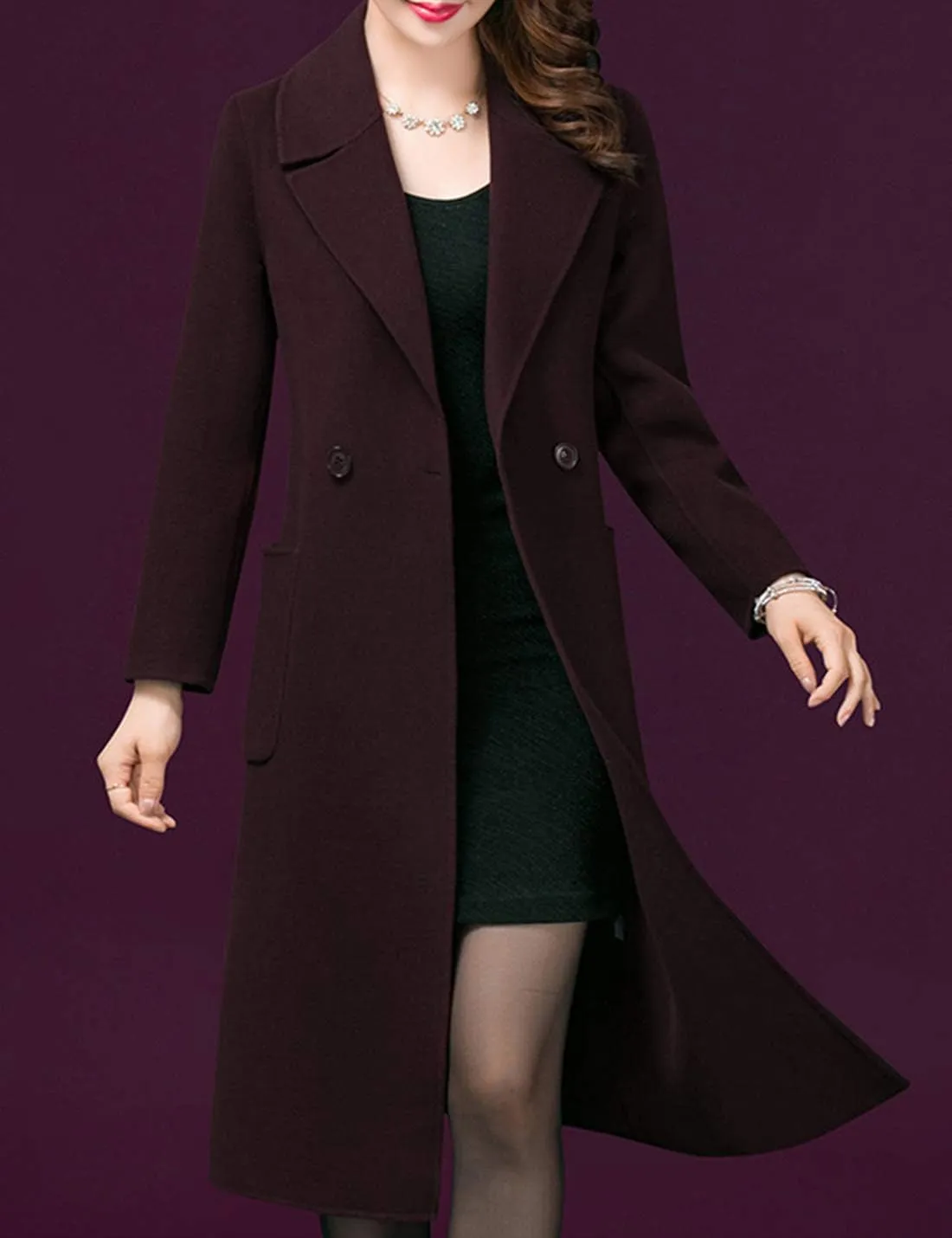 Flygo Women's Notched Lapel Slim Double Breasted Blended Long Trench Jacket Walking Coat
