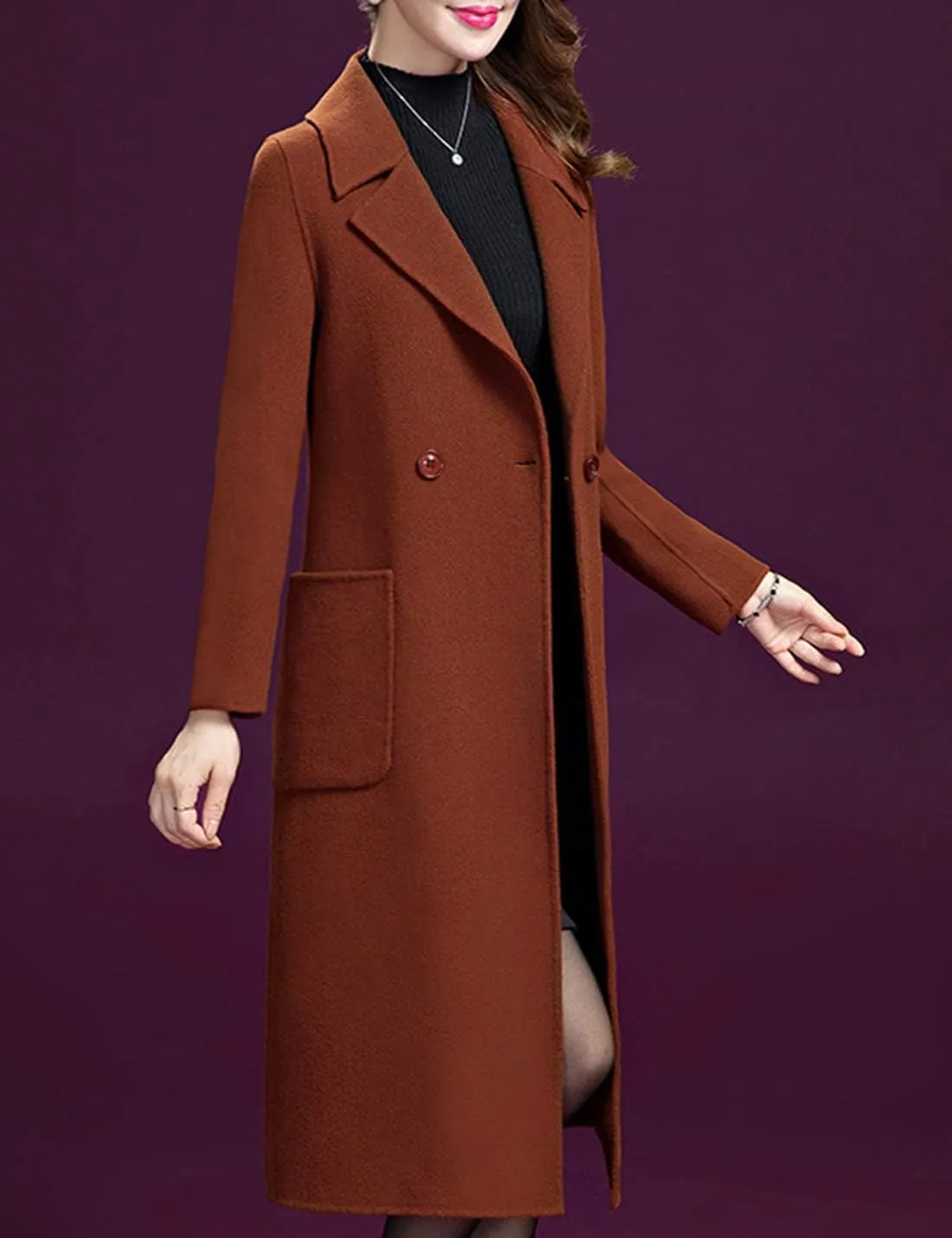 Flygo Women's Notched Lapel Slim Double Breasted Blended Long Trench Jacket Walking Coat