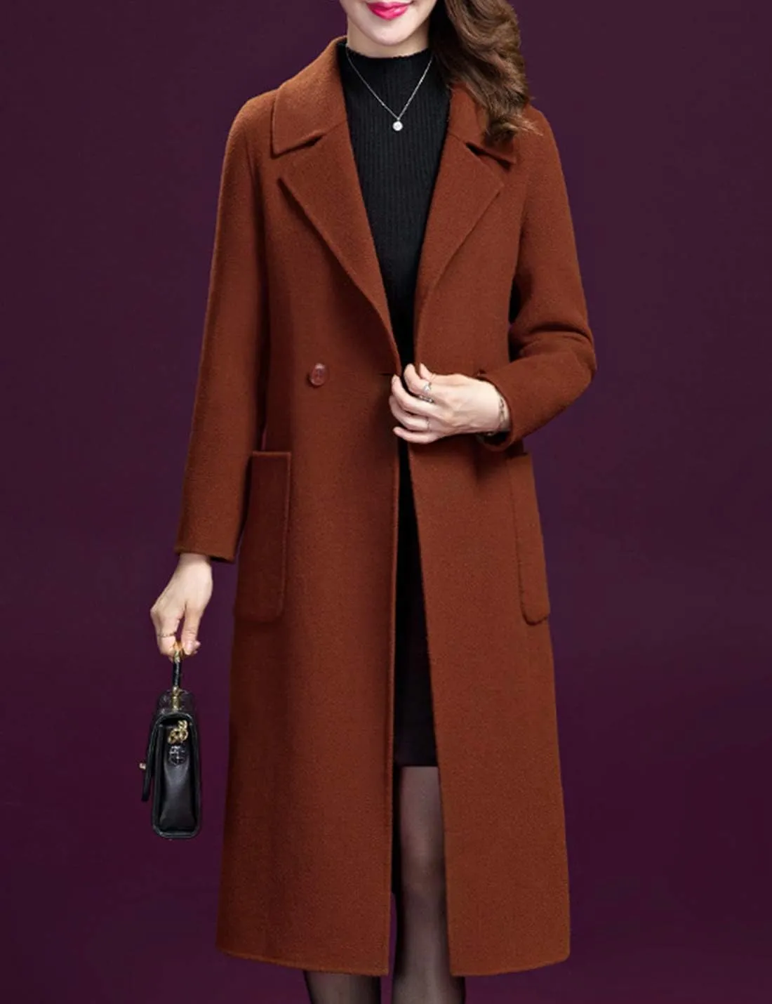 Flygo Women's Notched Lapel Slim Double Breasted Blended Long Trench Jacket Walking Coat