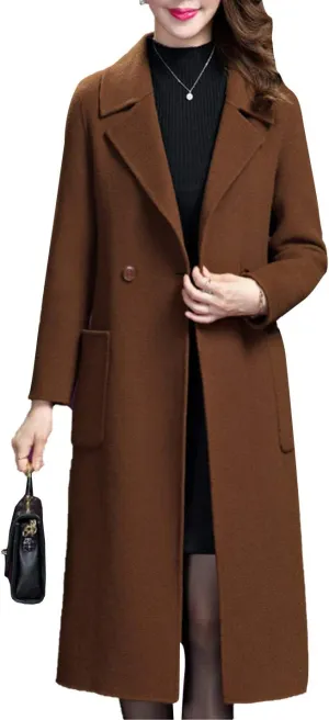 Flygo Women's Notched Lapel Slim Double Breasted Blended Long Trench Jacket Walking Coat