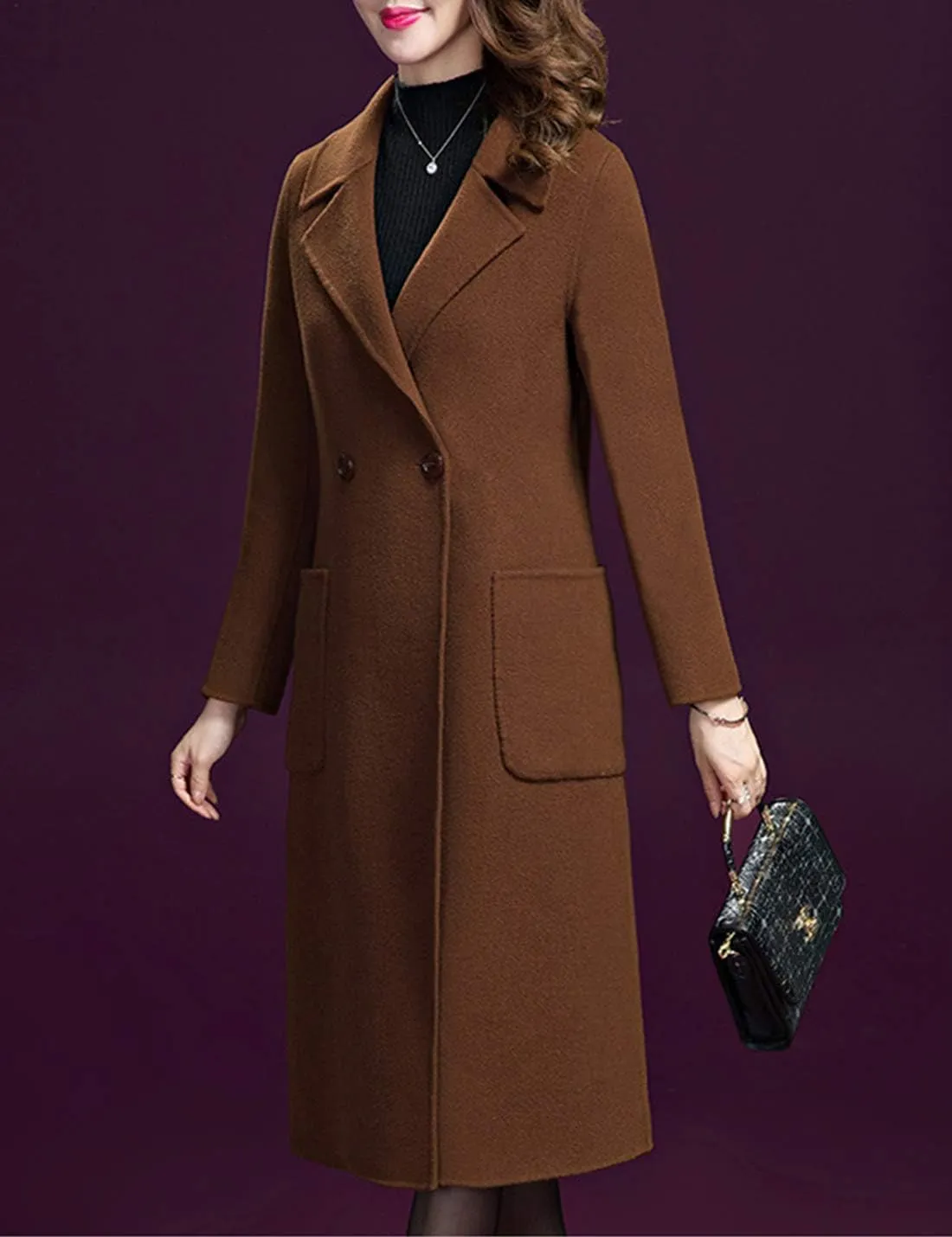 Flygo Women's Notched Lapel Slim Double Breasted Blended Long Trench Jacket Walking Coat