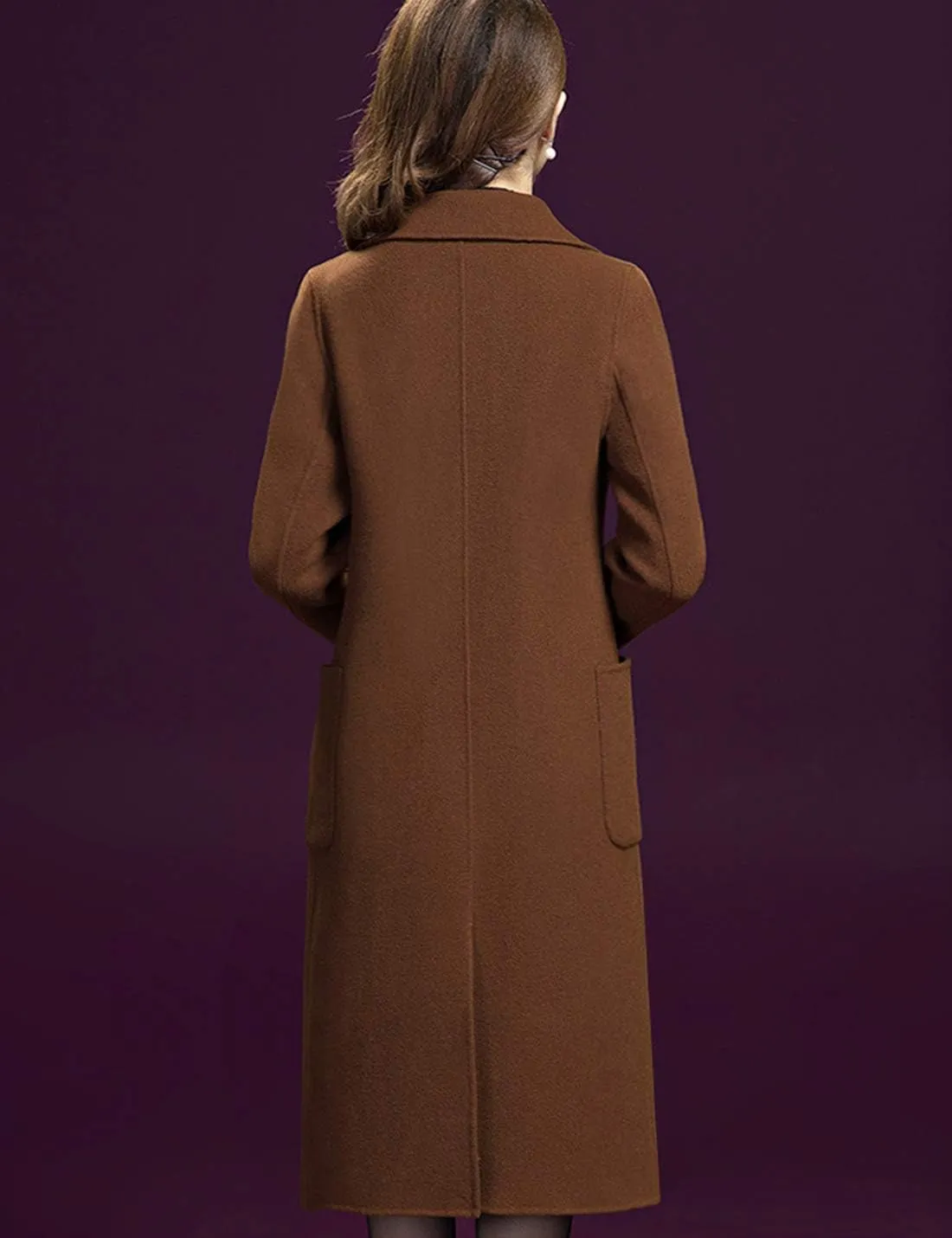Flygo Women's Notched Lapel Slim Double Breasted Blended Long Trench Jacket Walking Coat