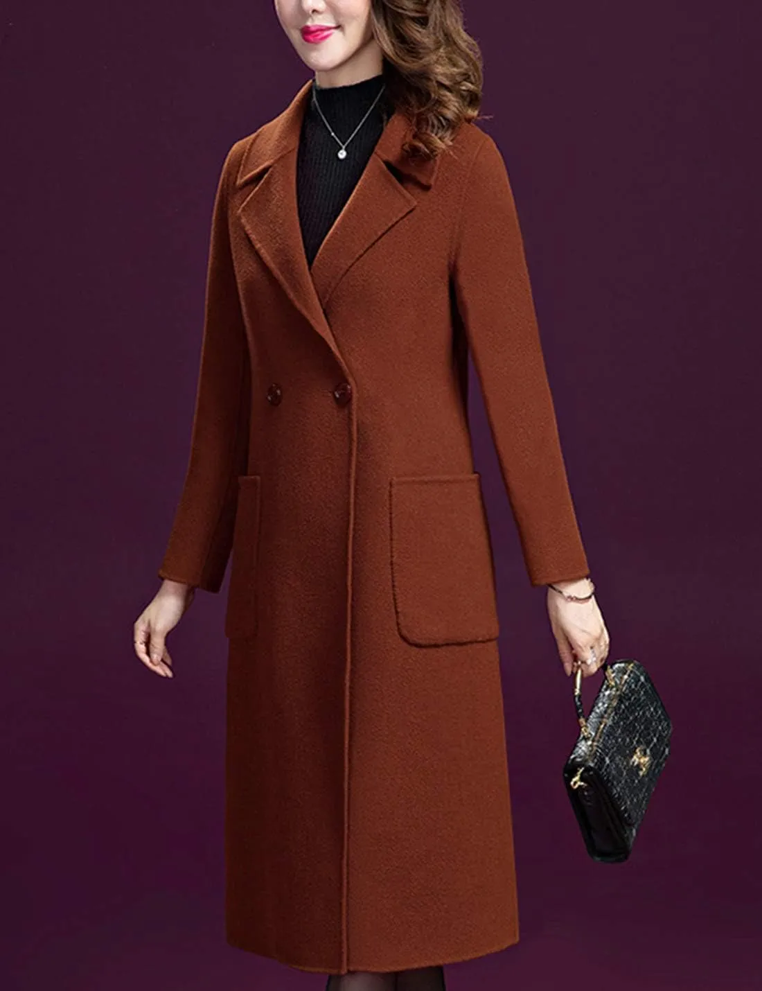Flygo Women's Notched Lapel Slim Double Breasted Blended Long Trench Jacket Walking Coat