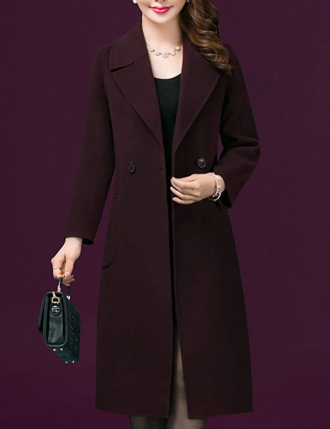 Flygo Women's Notched Lapel Slim Double Breasted Blended Long Trench Jacket Walking Coat