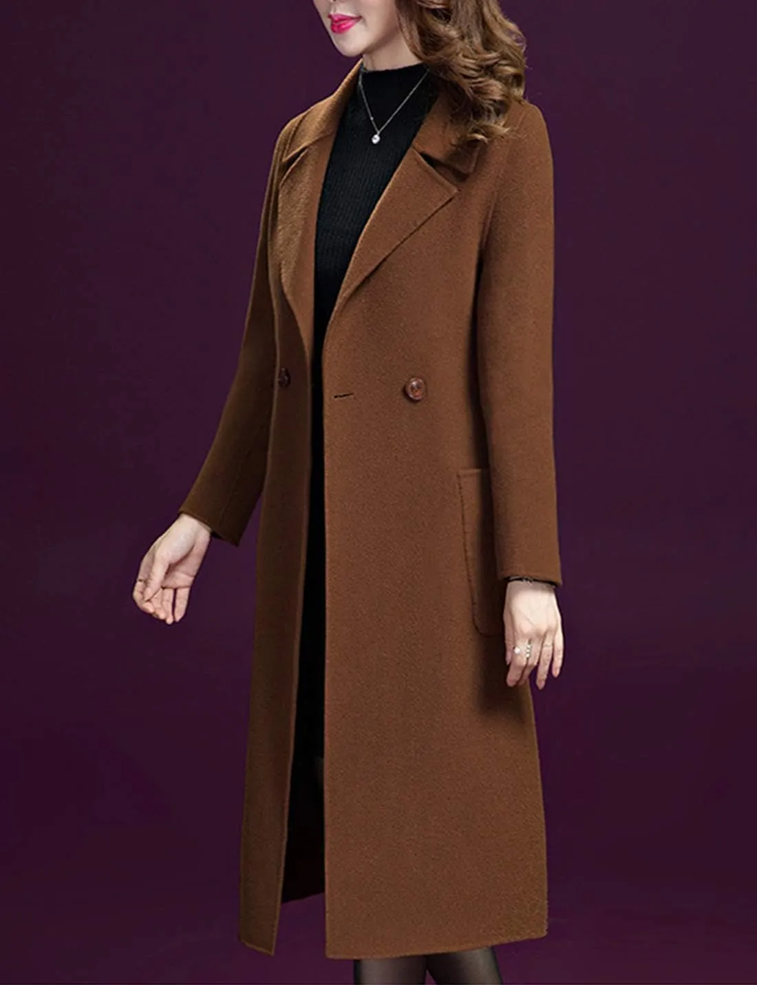 Flygo Women's Notched Lapel Slim Double Breasted Blended Long Trench Jacket Walking Coat