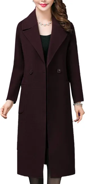 Flygo Women's Notched Lapel Slim Double Breasted Blended Long Trench Jacket Walking Coat
