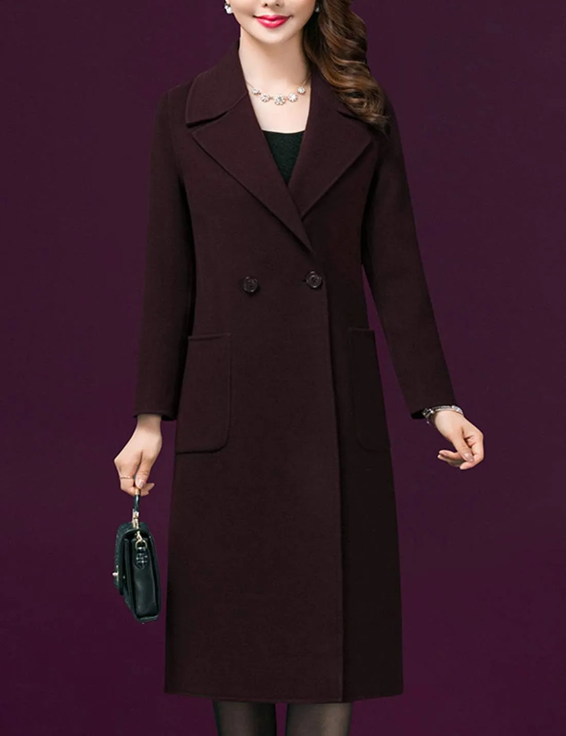 Flygo Women's Notched Lapel Slim Double Breasted Blended Long Trench Jacket Walking Coat