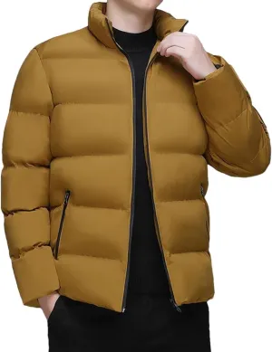 Fnfmrfmr Men Solid Stand Collar Puffer Jackets Long Sleeve Zipper Warm Cotton Padded Parkas Coat