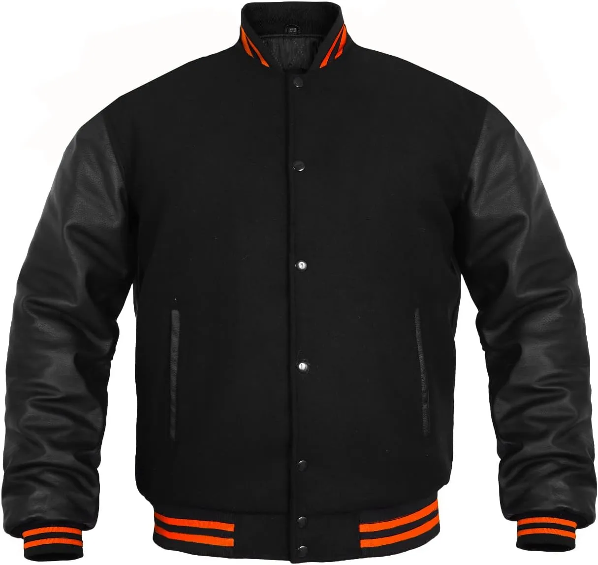 GENZ FASHION Women Varsity Jacket Genuine Leather Sleeve and Wool Blend Letterman Ladies Girls College Varsity Jackets (Black Black(Orange Line), Medium)