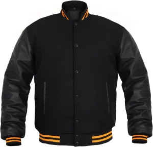 GENZ FASHION Women Varsity Jacket Genuine Leather Sleeve and Wool Blend Letterman Ladies Girls College Varsity Jackets (Black Black(Yellow Line), Medium)