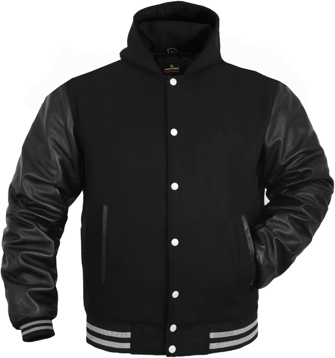 GENZ FASHION Women Varsity Jacket Genuine Leather Sleeve and Wool Blend Letterman Ladies Girls College Varsity Jackets (Black wool leather arms, Small), WVJ-10121, All Black (Grey Line)
