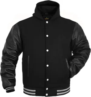 GENZ FASHION Women Varsity Jacket Genuine Leather Sleeve and Wool Blend Letterman Ladies Girls College Varsity Jackets (Black wool leather arms, Small), WVJ-10121, All Black (Grey Line)
