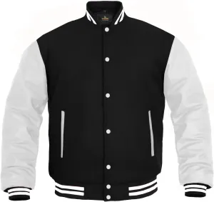GENZ FASHION Women Varsity Jacket Genuine Leather Sleeve and Wool Blend Letterman Ladies Girls College Varsity Jackets (Black/White, Large)