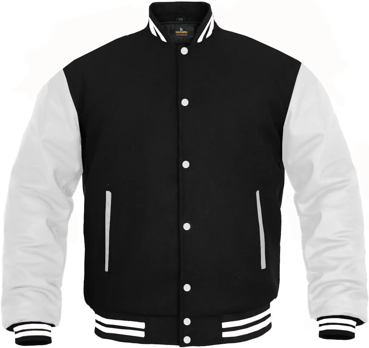 GENZ FASHION Women Varsity Jacket Genuine Leather Sleeve and Wool Blend Letterman Ladies Girls College Varsity Jackets (Black/White, X-Large)