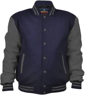 GENZ FASHION Women Varsity Jacket Genuine Leather Sleeve and Wool Blend Letterman Ladies Girls College Varsity Jackets (Navy Blue/Dark Grey, Small)