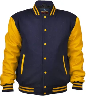 GENZ FASHION Women Varsity Jacket Genuine Leather Sleeve and Wool Blend Letterman Ladies Girls College Varsity Jackets (Navy Blue/Golden, Medium)
