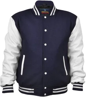 GENZ FASHION Women Varsity Jacket Genuine Leather Sleeve and Wool Blend Letterman Ladies Girls College Varsity Jackets (Navy Blue/White, Large)