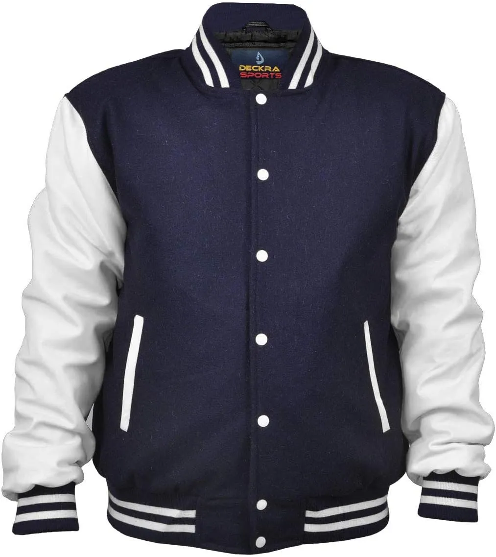 GENZ FASHION Women Varsity Jacket Genuine Leather Sleeve and Wool Blend Letterman Ladies Girls College Varsity Jackets (Navy Blue/White, Large)