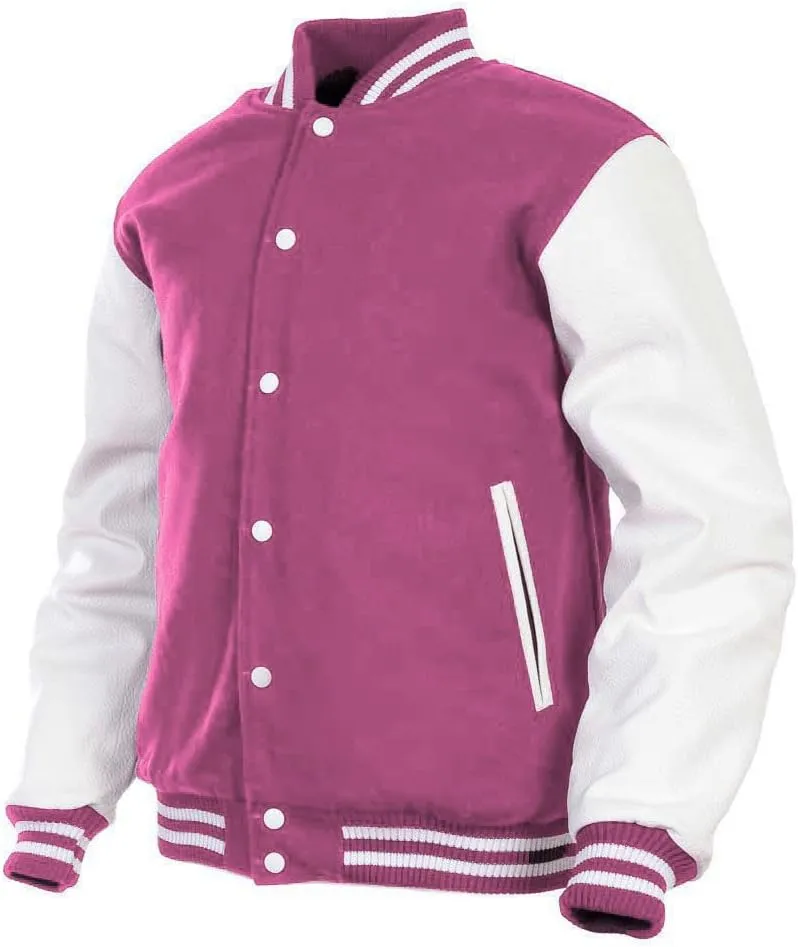 GENZ FASHION Women Varsity Jacket Genuine Leather Sleeve and Wool Blend Letterman Ladies Girls College Varsity Jackets (Pink (AR-6), 2X-Large)