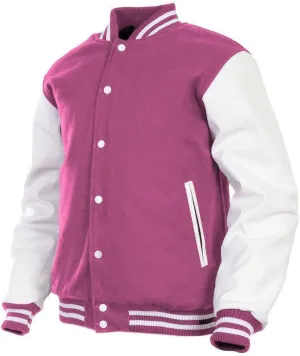 GENZ FASHION Women Varsity Jacket Genuine Leather Sleeve and Wool Blend Letterman Ladies Girls College Varsity Jackets (Pink (AR-6), 2X-Large)