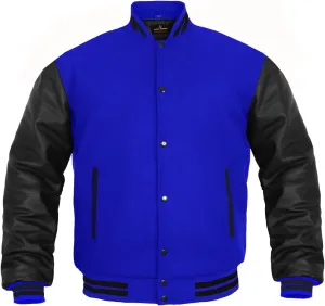 GENZ FASHION Women Varsity Jacket Genuine Leather Sleeve and Wool Blend Letterman Ladies Girls College Varsity Jackets (Royal Blue/Black, XX-Large)