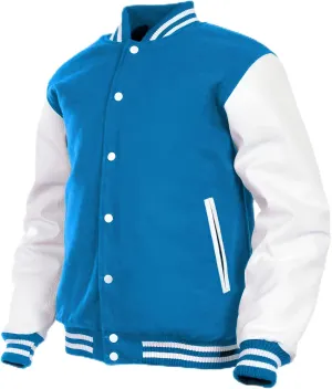 GENZ FASHION Women Varsity Jacket Genuine Leather Sleeve and Wool Blend Letterman Ladies Girls College Varsity Jackets (Sky Blue (AR-5), Medium)