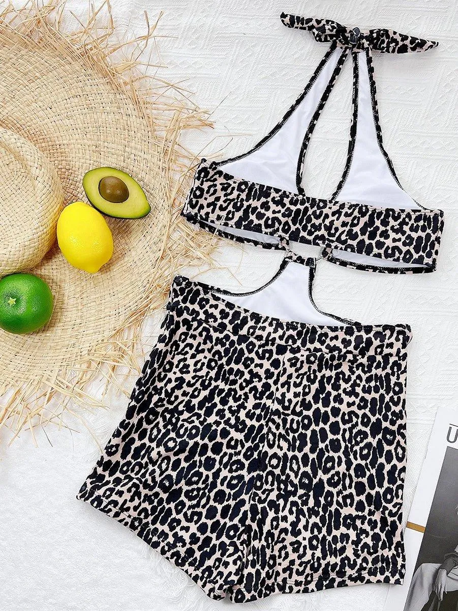 GFIT® New Sexy One Piece Leopard Hollow Halter Swimsuit