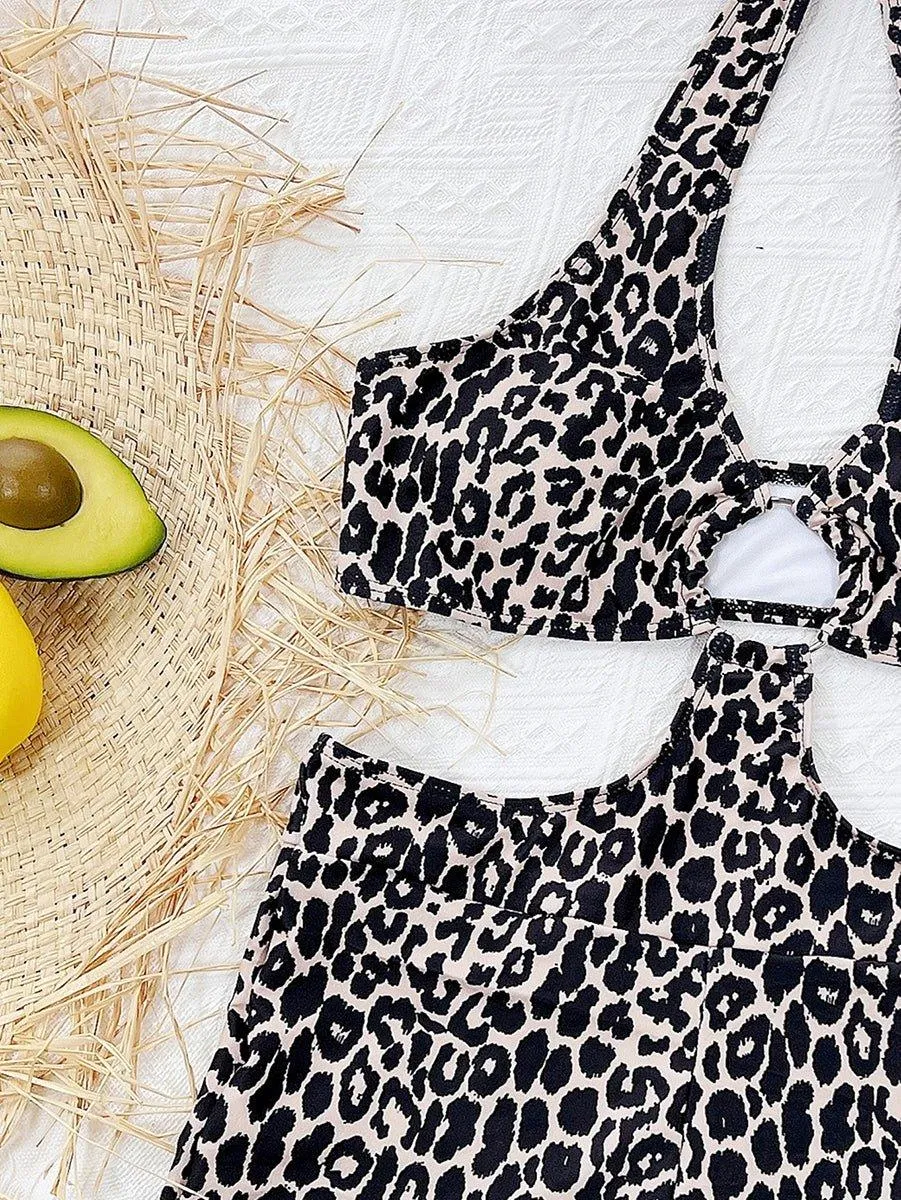 GFIT® New Sexy One Piece Leopard Hollow Halter Swimsuit