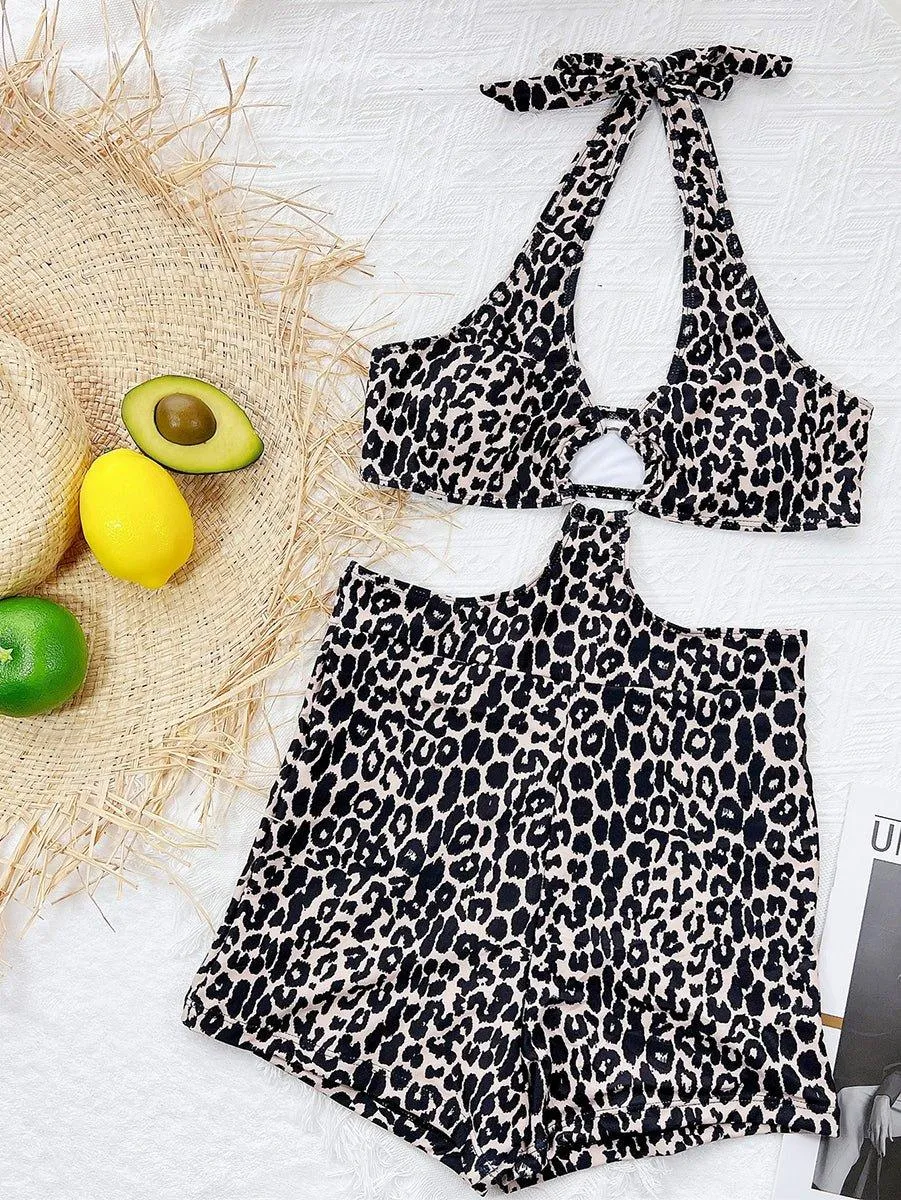 GFIT® New Sexy One Piece Leopard Hollow Halter Swimsuit