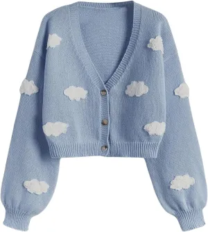 GORGLITTER Women's Plus Size Kawaii Cloud Patched Button Down Cardigan V Neck Long Sleeve Cropped Sweaters