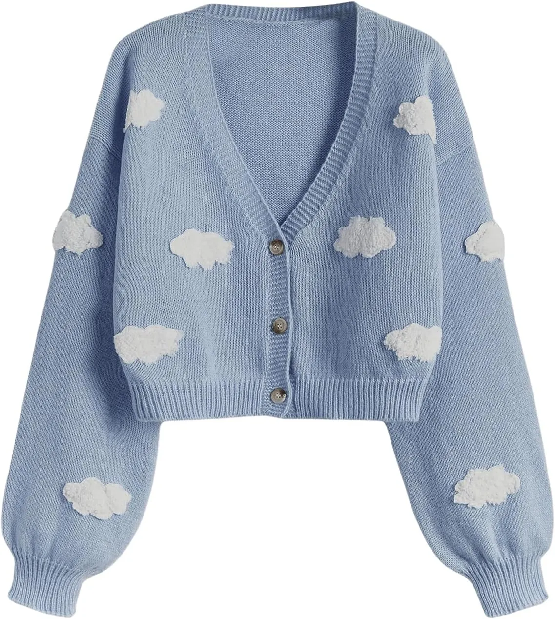 GORGLITTER Women's Plus Size Kawaii Cloud Patched Button Down Cardigan V Neck Long Sleeve Cropped Sweaters