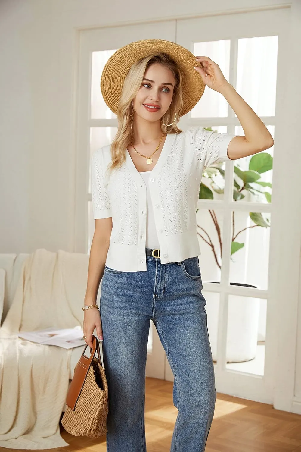 GRACE KARIN Cropped Cardigan Sweaters for Women Short Sleeve Crochet Knit Bolero Shrug V-Neck Button up Tops