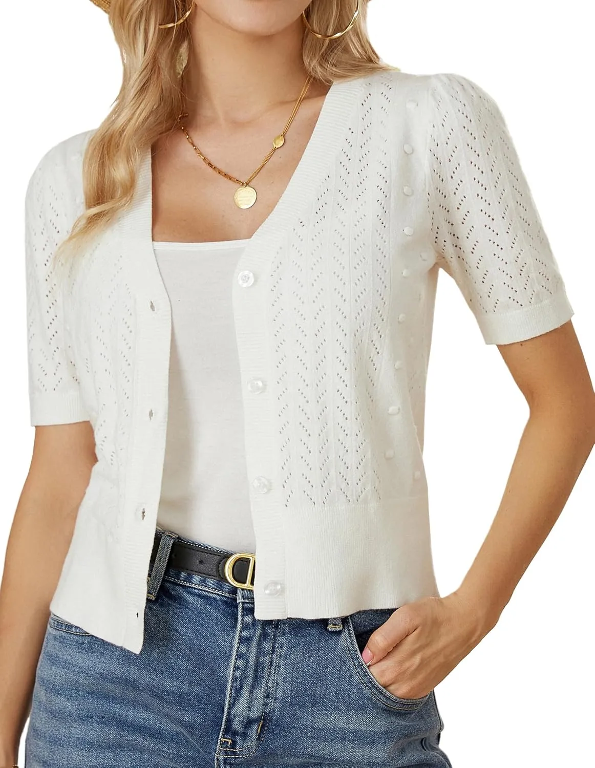GRACE KARIN Cropped Cardigan Sweaters for Women Short Sleeve Crochet Knit Bolero Shrug V-Neck Button up Tops