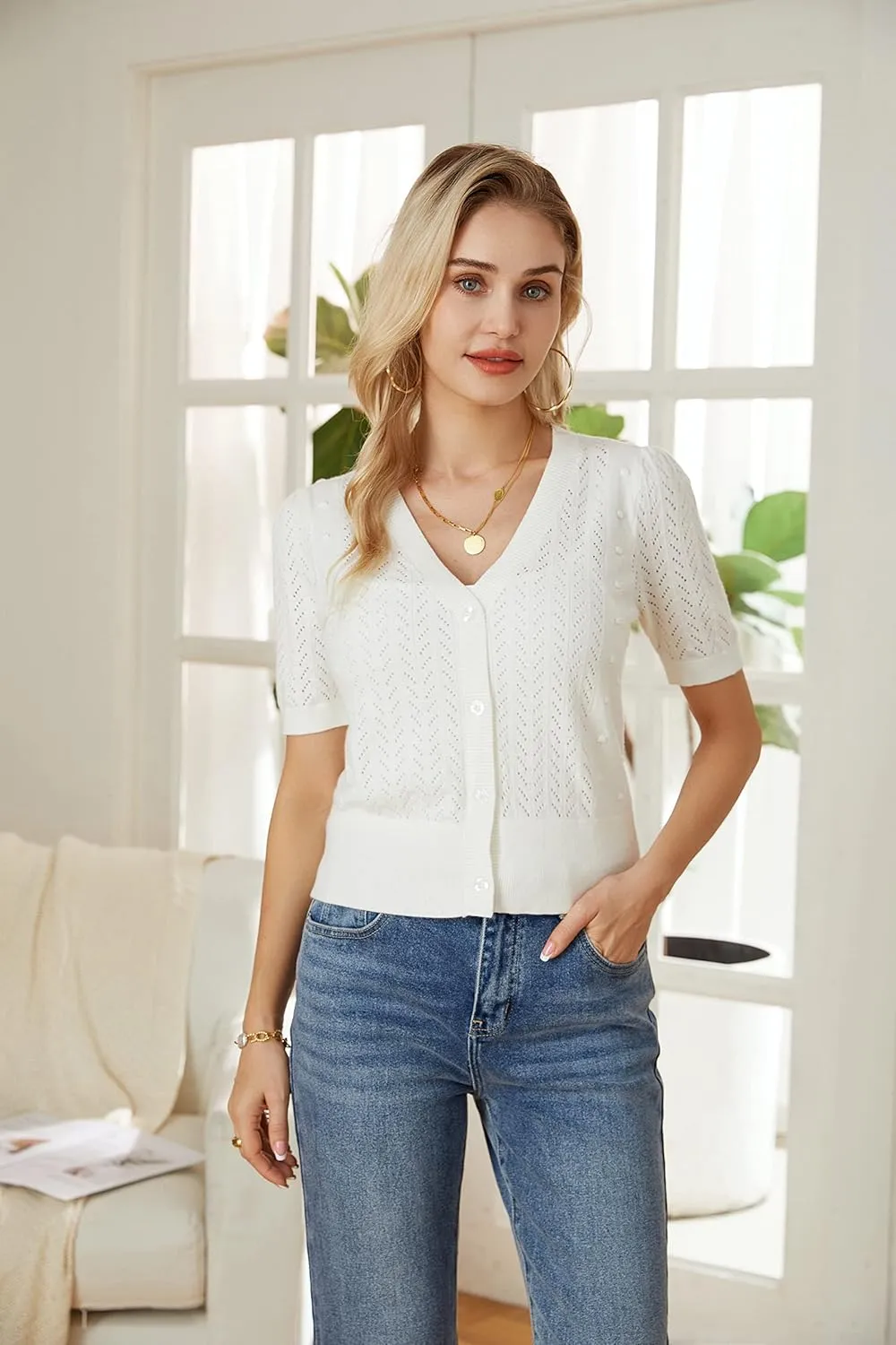 GRACE KARIN Cropped Cardigan Sweaters for Women Short Sleeve Crochet Knit Bolero Shrug V-Neck Button up Tops