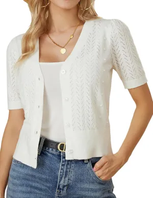 GRACE KARIN Cropped Cardigan Sweaters for Women Short Sleeve Crochet Knit Bolero Shrug V-Neck Button up Tops