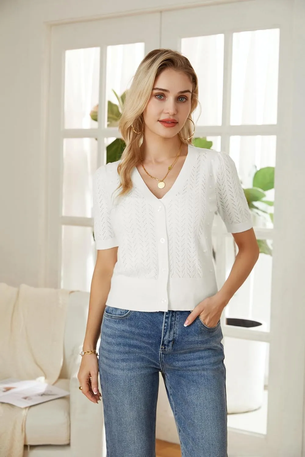 GRACE KARIN Cropped Cardigan Sweaters for Women Short Sleeve Crochet Knit Bolero Shrug V-Neck Button up Tops