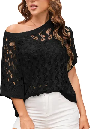 GRACE KARIN Women's 2025 Spring Summer Crochet Tops Scoop Neck Pullover Sweater Short Sleeve Off Shoulder Knit Beach Coverup