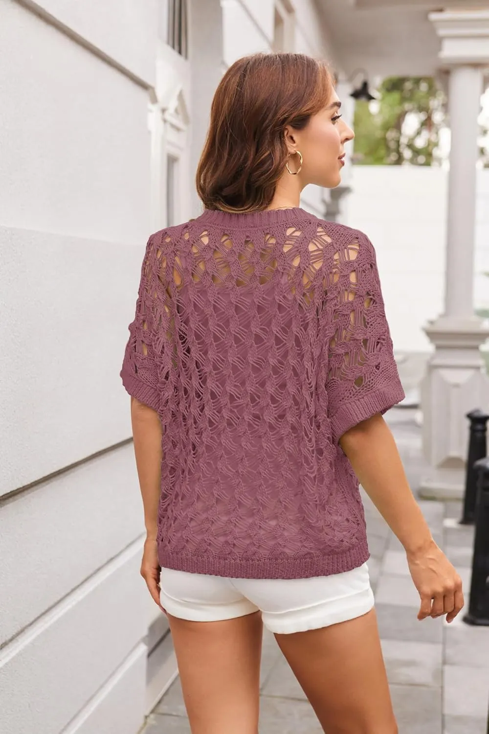 GRACE KARIN Women's 2025 Spring Summer Crochet Tops Scoop Neck Pullover Sweater Short Sleeve Off Shoulder Knit Beach Coverup