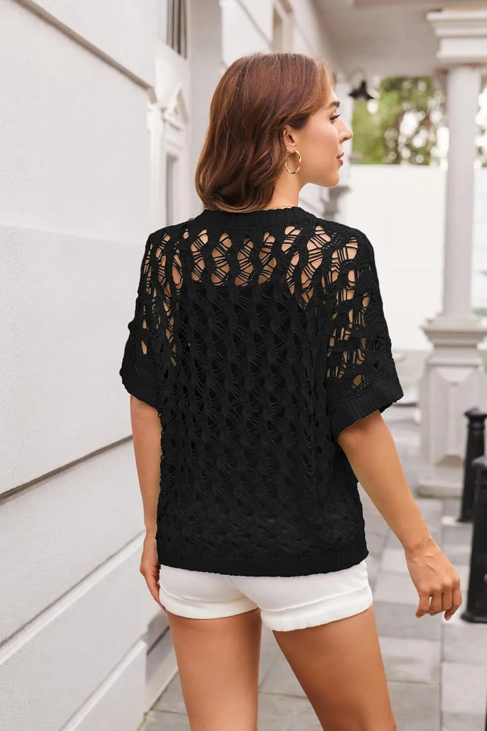 GRACE KARIN Women's 2025 Spring Summer Crochet Tops Scoop Neck Pullover Sweater Short Sleeve Off Shoulder Knit Beach Coverup