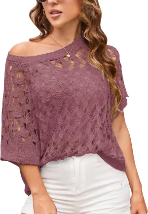 GRACE KARIN Women's 2025 Spring Summer Crochet Tops Scoop Neck Pullover Sweater Short Sleeve Off Shoulder Knit Beach Coverup